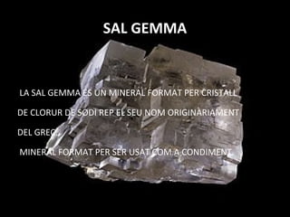 SAL GEMMA
LA SAL GEMMA ÉS UN MINERAL FORMAT PER CRISTALL
DE CLORUR DE SODI REP EL SEU NOM ORIGINÀRIAMENT
DEL GREC.
MINERAL FORMAT PER SER USAT COM A CONDIMENT.
 