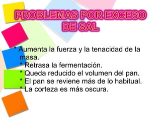 * Aumenta la fuerza y la tenacidad de la
masa.
* Retrasa la fermentación.
* Queda reducido el volumen del pan.
* El pan se reviene más de lo habitual.
* La corteza es más oscura.
 