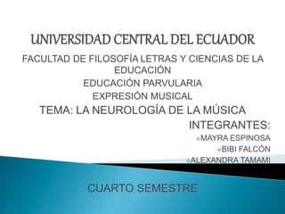 FACULTAD DE FILOSOFÍA LETRAS Y CIENCIAS DE LA
EDUCACIÓN
EDUCACIÓN PARVULARIA
EXPRESIÓN MUSICAL
TEMA: LA NEUROLOGÍA DE LA MÚSICA
INTEGRANTES:
MAYRA ESPINOSA
BIBI FALCÓN
ALEXANDRA TAMAMI
CUARTO SEMESTRE
 
