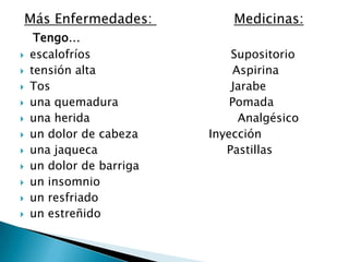Más Enfermedades:













Tengo…
escalofríos
tensión alta
Tos
una quemadura
una herida
un dolor de cabeza
una jaqueca
un dolor de barriga
un insomnio
un resfriado
un estreñido

Medicinas:
Supositorio
Aspirina
Jarabe
Pomada
Analgésico
Inyección
Pastillas

 