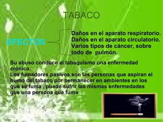 TABACO
                      Daños en el aparato respiratorio.
                      Daños en el aparato circulatorio.
EFECTOS               Varios tipos de cáncer, sobre
                      todo de pulmón.
Su abuso conduce al tabaquismo una enfermedad
crónica.
Los fumadores pasivos son las personas que aspiran el
humo del tabaco por permanecer en ambientes en los
que se fuma , puede sufrir las mismas enfermedades
que una persona que fuma
 