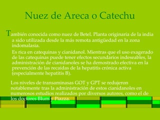 Nuez de Areca o Catechu
También conocida como nuez de Betel. Planta originaria de la india
  a sido utilizada desde la más remota antigüedad en la zona
  indomalasia.
  Es rica en catequinas y cianidanol. Mientras que el uso exagerado
  de las catequinas puede tener efectos secundarios indeseables, la
  administración de cianidanoles se ha demostrado efectiva en la
  prevención de las recaídas de la hepatitis crónica activa
  (especialmente hepatitis B).
  Los niveles de transaminasas GOT y GPT se redujeron
  notablemente tras la administración de estos cianidanoles en
  numerosos estudios realizados por diversos autores, como el de
  los doctores Blum y Piazza.
 