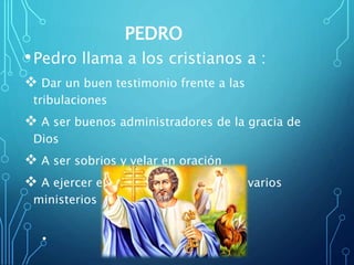 PEDRO
•Pedro llama a los cristianos a :
 Dar un buen testimonio frente a las
tribulaciones
 A ser buenos administradores de la gracia de
Dios
 A ser sobrios y velar en oración
 A ejercer el don de acuerdo con los varios
ministerios
•
 