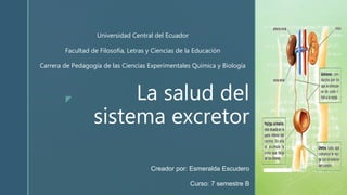 z La salud del
sistema excretor
Creador por: Esmeralda Escudero
Curso: 7 semestre B
Universidad Central del Ecuador
Facultad de Filosofía, Letras y Ciencias de la Educación
Carrera de Pedagogía de las Ciencias Experimentales Química y Biología
 