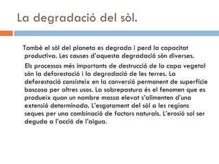 La degradació del sòl. També el sòl del planeta es degrada i perd la capacitat productiva. Les causes d’aquesta degradació són diverses. Els processos més importants de destrucció de la capa vegetal són la deforestació i la degradació de les terres. La deforestació consisteix en la conversió permanent de superfície boscosa per altres usos. La sobrepastura és el fenomen que es produeix quan un nombre massa elevat s’alimenten d’una extensió determinada. L’esgotament del sòl a les regions seques per una combinació de factors naturals. L’erosió sol ser deguda a l’acció de l’aigua. 