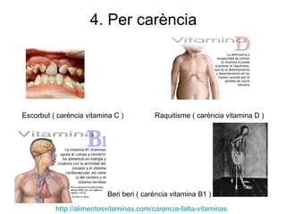 4. Per carència Escorbut ( carència vitamina C )  Raquitisme ( carència vitamina D ) http :// alimentosvitaminas.com / carencia-falta-vitaminas   Beri beri ( carència vitamina B1 ) 