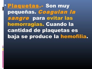  Plaquetas.- Son muy
pequeñas. Coagulan la
sangre para evitar las
hemorragias. Cuando la
cantidad de plaquetas es
baja se produce la hemofilia.
 