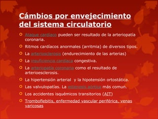 Cámbios por envejecimiento
del sistema circulatorio
 Ataque cardíaco pueden ser resultado de la arteriopatía
coronaria.
 Ritmos cardíacos anormales (arritmia) de diversos tipos.
 La arteriosclerosis (endurecimiento de las arterias)
 La insuficiencia cardíaca congestiva.
 La arteriopatía coronaria como el resultado de
arterioesclerosis.
 La hipertensión arterial y la hipotensión ortostática.
 Las valvulopatías. La estenosis aórtica más comun.
 Los accidentes isquémicos transitorios (AIT)
 Tromboflebitis, enfermedad vascular periférica, venas
varicosas
 