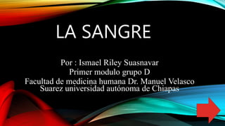 LA SANGRE
Por : Ismael Riley Suasnavar
Primer modulo grupo D
Facultad de medicina humana Dr. Manuel Velasco
Suarez universidad autónoma de Chiapas
 