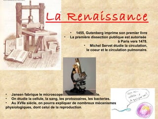 1455, Gutenberg imprime son premier livre La première dissection publique est autorisée  à Paris vers 1478. Michel Servet étudie la circulation, le coeur et le circulation pulmonaire. Jansen fabrique le microscope à la fin de XVIe siècle. On étudie la cellule, la sang, les protozoaires, les bacteries. Au XVIIe siécle, on pourra expliquer de nombreux mécanismes  physiologiques, dont celui de la reproduction . La Renaissance 