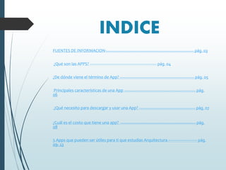 INDICE
FUENTES DE INFORMACION---------------------------------------------------------------------------------------------- pág. 03
¿Qué son las APPS? ----------------------------------------------------------------------- pág. 04
¿De dónde viene el término de App? ------------------------------------------------------------------------------- pág. 05
Principales características de una App ---------------------------------------------------------------------------- pág.
06
¿Qué necesito para descargar y usar una App? ------------------------------------------------------------ pág. 07
¿Cuál es el costo que tiene una app? -------------------------------------------------------------------------------- pág.
08
5 Apps que pueden ser útiles para ti que estudias Arquitectura.-------------------- pág.
09- 13
 