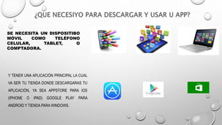 SE NECESITA UN DISPOSITIBO
MÓVIL COMO TELÉFONO
CELULAR, TABLET, O
COMPTADORA.
Y TENER UNA APLICACIÓN PRINCIPAL LA CUAL
VA SER TU TIENDA DONDE DESCARGARAS TU
APLICACIÓN, YA SEA APPSTORE PARA IOS
(IPHONE O IPAD) GOOGLE PLAY PARA
ANDROID Y TIENDA PARA WINDOWS.
 