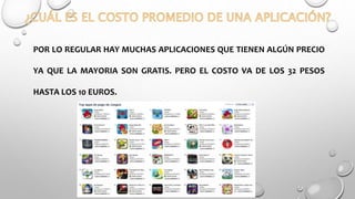 POR LO REGULAR HAY MUCHAS APLICACIONES QUE TIENEN ALGÚN PRECIO
YA QUE LA MAYORIA SON GRATIS. PERO EL COSTO VA DE LOS 32 PESOS
HASTA LOS 10 EUROS.
 