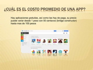 ¿CUÁL ES EL COSTO PROMEDIO DE UNA APP?
Hay aplicaciones gratuitas, así como las hay de paga, su precio
puede variar desde 1 peso con 50 centavos (bridge constructor)
hasta mas de 100 pesos
 