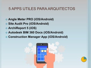 5 APPS UTILES PARA ARQUITECTOS
 Angle Meter PRO (iOS/Android)
 Site Audit Pro (iOS/Android)
 ArchiReport 5 (iOS)
 Autodesk BIM 360 Docs (iOS/Android)
 Construction Manager App (iOS/Android)
 