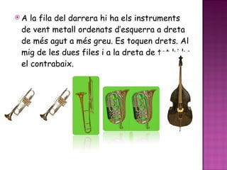 A la fila del darrera hi ha els instruments de vent metall ordenats d’esquerra a dreta de més agut a més greu. Es toquen drets. Al mig de les dues files i a la dreta de tot hi ha el contrabaix. 