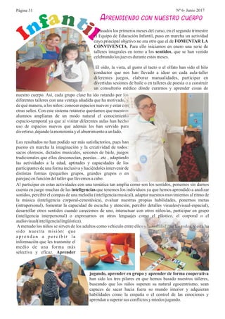 Infantil
APRENDIENDO CON NUESTRO CUERPO
Pasados los primeros meses del curso, en el segundo trimestre
el Equipo de Educación Infantil, puso en marcha un actividad
cuyo principal objetivo no era otro que el de FOMENTAR LA
CONVIVENCIA. Para ello iniciamos en enero una serie de
talleres integrales en torno a los sentidos, que se han venido
celebrandolosjuevesduranteestos meses.
El oído, la vista, el gusto el tacto o el olfato han sido el hilo
conductor que nos han llevado a idear en cada aula-taller
diferentes juegos, elaborar manualidades, participar en
divertidas sesiones de baile o en talleres de poesía o a construir
un consultorio médico dónde curarnos y aprender cosas de
nuestro cuerpo. Así, cada grupo clase ha ido rotando por los
diferentes talleres con una ventaja añadida que ha motivado, y
de qué manera, a los niños: conocer espacios nuevos y estar con
otras seños. Con este sistema rotatorio queríamos que nuestros
alumnos ampliaran de un modo natural el conocimiento
espacio-temporal ya que al visitar diferentes aulas han hecho
uso de espacios nuevos que además les han servido para
divertirse,dejandolamonotoníay elaburrimientoaun lado.
Los resultados no han podido ser más satisfactorios, pues han
puesto en marcha la imaginación y la creatividad de todos:
sacos olorosos, dictados musicales, sesiones de baile, juegos
tradicionales que ellos desconocían, poesías…etc , adaptando
las actividades a la edad, aptitudes y capacidades de los
participantes de una forma inclusiva y haciéndoles intervenir de
distintas formas (pequeños grupos, grandes grupos o en
parejas)enfuncióndeltallerquellevemosacabo.
Al participar en estas actividades con una temática tan amplia como son los sentidos, ponemos sin darnos
cuenta en juego muchas de las inteligencias que tenemos los individuos ya que hemos aprendido a analizar
sonidos, percibir el compas de una melodía (inteligencia musical), adaptar nuestros movimientos al ritmo de
la música (inteligencia corporal-cenestésica), evaluar nuestras propias habilidades, ponernos metas
(intrapersonal), fomentar la capacidad de escucha y atención, percibir detalles visuales(visual-espacial),
desarrollar otros sentidos cuando carecemos de uno, interactuar con otros niños/as, participar en grupo
(inteligencia interpersonal) o expresarnos en otros lenguajes como el plástico, el corporal o el
audiovisual(inteligencialingüística).
A menudo los niños se sirven de los adultos como vehículo entre ellos y la realidad que les rodea, y esta ha
sido nuestra misión: que
a p r e n d a n a p e r c i b i r l a
información que les transmite el
medio de una forma más
selectiva y eficaz. Aprender
jugando, aprender en grupo y aprender de forma cooperativa
han sido los tres pilares en que hemos basado nuestros talleres,
buscando que los niños superen su natural egocentrismo, sean
capaces de sacar hacia fuera su mundo interior y adquieran
habilidades como la empatía o el control de las emociones y
aprendanasuperarsus conflictosymiedosjugando.
Página 31 Nº 6- Junio 2017
 