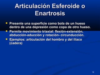 16
Articulación Esferoide oArticulación Esferoide o
EnartrosisEnartrosis
 Presente una superficie como bola de un huesoPresente una superficie como bola de un hueso
dentro de una depresión como copa de otro hueso.dentro de una depresión como copa de otro hueso.
 Permite movimiento triaxial: flexión-extensión,Permite movimiento triaxial: flexión-extensión,
abducción-aducción y rotación- circunducción.abducción-aducción y rotación- circunducción.
 Ejemplos: articulación del hombro y del iliacoEjemplos: articulación del hombro y del iliaco
(cadera)(cadera)
 