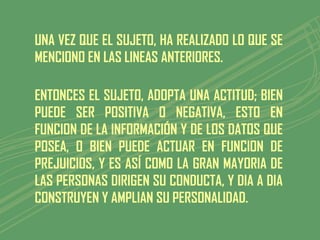 UNA VEZ QUE EL SUJETO, HA REALIZADO LO QUE SE
MENCIONO EN LAS LINEAS ANTERIORES.

ENTONCES EL SUJETO, ADOPTA UNA ACTITUD; BIEN
PUEDE SER POSITIVA O NEGATIVA, ESTO EN
FUNCION DE LA INFORMACIÓN Y DE LOS DATOS QUE
POSEA, O BIEN PUEDE ACTUAR EN FUNCION DE
PREJUICIOS, Y ES ASÍ COMO LA GRAN MAYORIA DE
LAS PERSONAS DIRIGEN SU CONDUCTA, Y DIA A DIA
CONSTRUYEN Y AMPLIAN SU PERSONALIDAD.
 