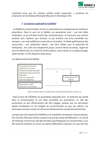 57 | P a g e
minimisée et/ou que les volumes achetés soient augmentés », précisent les
professeurs de marketing Christophe Bénavent et Dominique Crié.
2. Les facteurs explicatifs de la fidélité
La fidélité du consommateur envers un produit/service s'explique par de nombreux
paramètres. Dans le sens de la fidélité, ces paramètres sont : une très faible
implication, ce qui entraîne l'inertie des comportements ; la conviction que certains
produits sont meilleurs que d'autres, ce qui entraîne une forte sensibilité aux
marques ; une vraie préférence envers tel ou tel produit ; la faible qualité perçue des
concurrents ; une satisfaction élevée ; des liens solides avec le personnel de
l'entreprise ; des coûts de changement perçus comme élevés (le temps, l'agent et
tous les efforts liés à la recherche d'informations, avant l'achat, et à l'apprentissage,
après l'achat) ; un fort degré de risque perçu.
Les déterminants de la fidélité
Dans le sens de l'infidélité, les paramètres explicatifs sont : la recherche de variété
dans la consommation et une forte sensibilité aux promotions. Le rôle des
promotions ne doit effectivement pas être négligé, sachant que ces techniques
pèsent lourdement sur les budgets de communication et que, par ailleurs, ces
techniques ont pour vocation à influencer directement les comportements d'achat.
Compte tenu de l'impact de la fidélité sur la rentabilité, l'entreprise n'est pas passive,
loin s'en faut. Elle peut mettre en place trois grands modes de fidélisation : en amont
de l'échange commercial, elle gère les états psychologiques du consommateur, puis
elle tente de satisfaire au mieux ses clients (fidélisation implicite). En aval, elle met
 