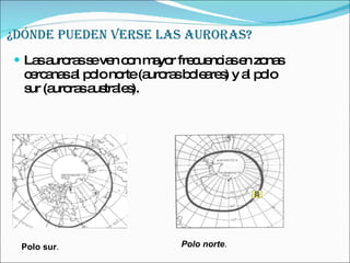 ¿Dónde pueden verse las Auroras?   Las auroras se ven con mayor frecuencias en zonas cercanas al polo norte (auroras boleares) y al polo sur (auroras australes). Polo sur . Polo norte . 
