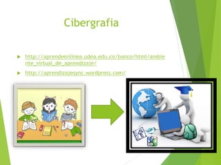Cibergrafia 
 http://aprendeenlinea.udea.edu.co/banco/html/ambie 
nte_virtual_de_aprendizaje/ 
 http://aprendizajesync.wordpress.com/ 
