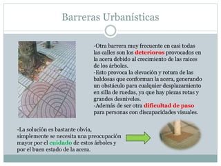 Barreras Urbanísticas 
-Otra barrera muy frecuente en casi todas 
las calles son los deterioros provocados en 
la acera debido al crecimiento de las raíces 
de los árboles. 
-Esto provoca la elevación y rotura de las 
baldosas que conforman la acera, generando 
un obstáculo para cualquier desplazamiento 
en silla de ruedas, ya que hay piezas rotas y 
grandes desniveles. 
-Además de ser otra dificultad de paso 
para personas con discapacidades visuales. 
-La solución es bastante obvia, 
simplemente se necesita una preocupación 
mayor por el cuidado de estos árboles y 
por el buen estado de la acera. 
 