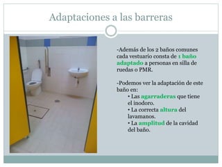 Adaptaciones a las barreras 
-Además de los 2 baños comunes 
cada vestuario consta de 1 baño 
adaptado a personas en silla de 
ruedas o PMR. 
-Podemos ver la adaptación de este 
baño en: 
• Las agarraderas que tiene 
el inodoro. 
• La correcta altura del 
lavamanos. 
• La amplitud de la cavidad 
del baño. 
 