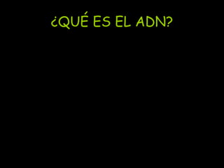 ¿QUÉ ES EL ADN? El ácido desoxirribonucleico, frecuentemente abreviado como  ADN  es un tipo de ácido nucleico, una macromolécula que forma parte de todas las células.  Contiene la información genética usada en el desarrollo y el funcionamiento de los organismos vivos conocidos y de algunos virus, y es responsable de su transmisión hereditaria.   