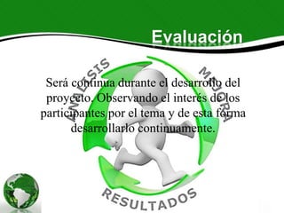 Evaluación
Será continua durante el desarrollo del
proyecto. Observando el interés de los
participantes por el tema y de esta forma
desarrollarlo continuamente.
 