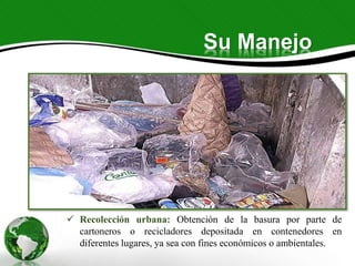 Su Manejo
 Recolección urbana: Obtención de la basura por parte de
cartoneros o recicladores depositada en contenedores en
diferentes lugares, ya sea con fines económicos o ambientales.
 