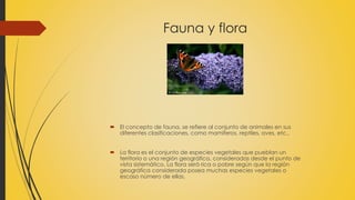 Fauna y flora 
 El concepto de fauna, se refiere al conjunto de animales en sus 
diferentes clasificaciones, como mamíferos, reptiles, aves, etc., 
 La flora es el conjunto de especies vegetales que pueblan un 
territorio o una región geográfica, consideradas desde el punto de 
vista sistemático. La flora será rica o pobre según que la región 
geográfica considerada posea muchas especies vegetales o 
escaso número de ellas. 
 