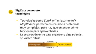 Big Data como reto
tecnológico
◉ Tecnologías como Spark o (“antiguamente”)
MapReduce permiten enfrentarse a problemas
muy complejos, pero hay que entender cómo
funcionan para aprovecharlas.
◉ La separación entre data engineer y data scientist
se vuelve difusa.
Data scientistData engineer
 