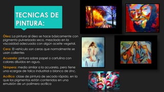TECNICAS DE
PINTURA:
Óleo: La pintura al óleo se hace básicamente con
pigmento pulverizado seco, mezclado en la
viscosidad adecuada con algún aceite vegetal.
Cera: El vehículo son ceras que normalmente se
usan calientes
Acuarela: pintura sobre papel o cartulina con
colores diluidos en agua.
Témpera: medio similar a la acuarela, pero tiene
una «carga» de talco industrial o blanco de zinc.
Acrílico: clase de pintura de secado rápido, en la
que los pigmentos están contenidos en una
emulsión de un polímero acrílico
 