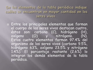 De los elementos de la tabla periódica indique cuáles se encuentran en mayor cantidad en los seres vivos.Entre los principales elementos que forman el cuerpo de los seres vivos destacan cuatro, éstos son: carbono (C), hidrógeno (H), oxígeno (O) y nitrógeno. (N).Estos cuatro elementos forman 97.4% del organismo de los seres vivos (carbono 9.5%, hidrógeno 63%, oxígeno 23.5% y nitrógeno 1.4%). El porcentaje restante (2.6%) lo integran los demás elementos de la tabla periódica.