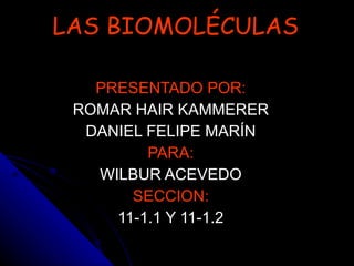 LAS BIOMOLÉCULAS PRESENTADO POR: ROMAR HAIR KAMMERER DANIEL FELIPE MARÍN PARA: WILBUR ACEVEDO SECCION: 11-1.1 Y 11-1.2 