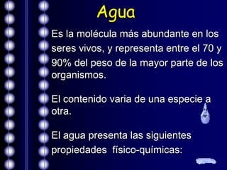 Agua
Es la molécula más abundante en los
seres vivos, y representa entre el 70 y
90% del peso de la mayor parte de los
organismos.

El contenido varia de una especie a
otra.

El agua presenta las siguientes
propiedades físico-químicas:
 