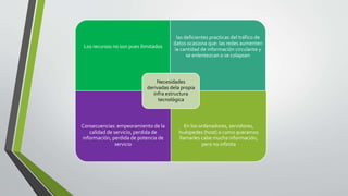 Los recursos no son pues ilimitados
las deficientes practicas del tráfico de
datos ocasiona que: las redes aumenten
la cantidad de información circulante y
se enlentezcan o se colapsen
Consecuencias: empeoramiento de la
calidad de servicio, perdida de
información, perdida de potencia de
servicio
En los ordenadores, servidores,
huéspedes (host) o como queramos
llamarles cabe mucha información,
pero no infinita
Necesidades
derivadas dela propia
infra estructura
tecnológica
 