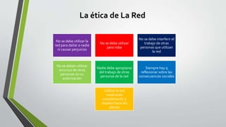 La ética de La Red
No se debe utilizar la
red para dañar a nadie
ni causar perjuicios
No se debe utilizar
para roba
No se debe interferir el
trabajo de otras
personas que utilizan
la red
No se deben utilizar
recursos de otras
personas sin su
autorización
Nadie debe apropiarse
del trabajo de otras
personas de la red
Siempre hay q
reflexionar sobre las
consecuencias sociales
Utilizar la red
mostrando
consideración y
respeto hacia los
demas
 