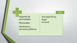 Soporte de
actividades:
Personales
Gestiones y
servicios públicos
Actividad ilícita,
Ilegal
Inmoral
 