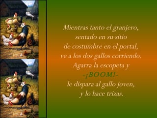 Mientras tanto el granjero,  sentado en su sitio  de costumbre en el portal,  ve a los dos gallos corriendo.  Agarra la escopeta y  -¡BOOM!-  le dispara al gallo joven,  y lo hace trizas. 