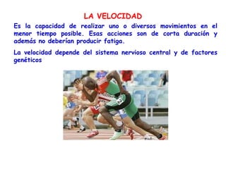 LA VELOCIDAD
Es la capacidad de realizar uno o diversos movimientos en el
menor tiempo posible. Esas acciones son de corta duración y
además no deberían producir fatiga.
La velocidad depende del sistema nervioso central y de factores
genéticos
 
