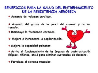 BENEFICIOS PARA LA SALUD DEL ENTRENAMIENTO
        DE LA RESISTENCIA AERÓBICA
   Aumento del volumen cardíaco.

   Aumento del grosor de la pared del corazón y de su
 tamaño.
   Disminuye la frecuencia cardiaca.

   Mejora e incrementa la capilarización.

   Mejora la capacidad pulmonar.

   Activa el funcionamiento de los órganos de desintoxicación
 (hígado, riñones, etc.) para eliminar sustancias de desecho.

   Fortalece el sistema muscular.
 