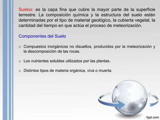 Suelos: es la capa fina que cubre la mayor parte de la superficie
terrestre. La composición química y la estructura del suelo están
determinadas por el tipo de material geológico, la cubierta vegetal, la
cantidad del tiempo en que actúa el proceso de meteorización.
Componentes del Suelo
o Compuestos inorgánicos no disueltos, producidos por la meteorización y
la descomposición de las rocas.
o Los nutrientes solubles utilizados por las plantas.
o Distintos tipos de materia orgánica, viva o muerta.

 