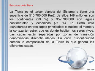 Estructura de la Tierra

La Tierra es el tercer planeta del Sistema y tiene una
superficie de 510.700.000 Km2; de ellos 148 millones son
los continentes (29 %) y 352.700.000 son aguas
continentales y oceánicas (71 %). La Tierra esta
estructurada en tres capas principales: el núcleo, el manto y
la corteza terrestre, que es donde habitan los seres vivos.
Las capas están separadas por zonas de transición
denominadas discontinuidades. En cada discontinuidad
cambia la composición de la Tierra lo que genera las
diferentes capas.

 