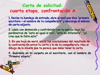 Carta de solicitud:
cuarta etapa, confrontación A
1. Revisa tu bandeja de entrada, abre el mail que dice “primera1. Revisa tu bandeja de entrada, abre el mail que dice “primera
escritura + el nombre de tu compañero/a” y descarga el esbozoescritura + el nombre de tu compañero/a” y descarga el esbozo
de carta adjunto.de carta adjunto.
2. Léelo con detención y confróntalo con tu esbozo bajo los2. Léelo con detención y confróntalo con tu esbozo bajo los
parámetros de “esto es igual al mío”, “esto es diferente”, “yoparámetros de “esto es igual al mío”, “esto es diferente”, “yo
creo que le falta esto”creo que le falta esto”
3. En una hoja de word, anota tus conclusiones del resultado de3. En una hoja de word, anota tus conclusiones del resultado de
la confrontación entre tu carta y la de tu compañero/a. Haz ella confrontación entre tu carta y la de tu compañero/a. Haz el
dibujo de la silueta que te parece que debe tener la carta.dibujo de la silueta que te parece que debe tener la carta.
4. Guárdala en tu carpeta en el escritorio, con el nombre de4. Guárdala en tu carpeta en el escritorio, con el nombre de
“Primera silueta”.“Primera silueta”.
 