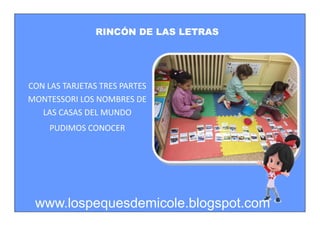 RINCÓN DE LAS LETRAS
www.lospequesdemicole.blogspot.com
CON LAS TARJETAS TRES PARTES
MONTESSORI LOS NOMBRES DE
LAS CASAS D...