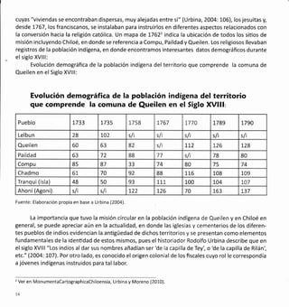 cuyas "viviendas se encontraban dispersas, muy alejadas entre sí" (Urbina, 2OO4:1-06), los jesuitas y,
desde lT6T,losfranciscanos, se instalaban para instruirlos en diferentes aspectos relacionados con
la conversión hacia la religión católica. Un mapa de !7622 indica la ubicación de todos los sitios de
misión incluyendo Chiloé, en donde se referencia a Compu, Paildad y Queilen. Los religiosos llevaban
registros de la población indígena, en donde encontramos interesantes datos demográficos durante
el siglo XVlll:
Evolución demográfica de la población indígena del territorio que comprende la comuna de
Queilen en el Siglo XVlll:
Evolución demográfica de la población indígena del territorio
que comprende la comuna de Queilen en el Siglo Xvlll:
Fuente: Elaboración propia en base a Urbina (2004).
La importancia que tuvo la misión circular en la población indígena de Queilen y en Chiloé en
general, se puede apreciar aún en la actualidad, en donde las iglesias y cementerios de los diferen-
tes pueblos de indios evidencian la anügüedad de dichos territorios y se presentan como elementos
fundamentales de la identidad de estos mismos, pues el historiador Rodolfo Urbina describe que en
elsiglo XVlll"Los indios al darsus nombres añadían ser'de la capilla deTey', o'de la capilla de Rilán',
etc." (2004:1071. Por otro lado, es conocido el origen colonial de los fiscales cuyo rol le correspondía
a jóvenes indígenas instruidos para tal labor.
2
Ver en MonumentaCartographicaChiloensia, Urbina y Moreno (2010).
t4
Pueblo L733 1735 1758 1767 1,770 1789 L790
Lelbun 28 1,02 sli sli sli sli s/i
Queilen 60 63 82 s/i LL2 1,26 r28
Paildad 63 72 88 17 s/i 78 80
Compu 85 87 33 74 80 75 74
Chadmo 61, 70 92 88 1_16 1_08 109
Tranqui (isla) 48 50 93 1,L1 1_00 L04 1,07
Ahoní(Aeoni) s/i sli t22 L26 70 163 1,37
 