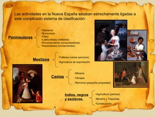 Las actividades en la Nueva España estaban estrechamente ligadas a este complicado sistema de clasificación: Gobierno Burocracia Clero Latifundistas (militares) Encomenderos (conquistadores) Hacendados (comerciantes) Peninsulares Mestizos Talleres (varios servicios) Agricultura de exportación. Castas Minería Obrajes Ranchos (pequeña propiedad) Indios, negros y esclavos. Agricultura (peones) Minería y Trapiches Construcción. 