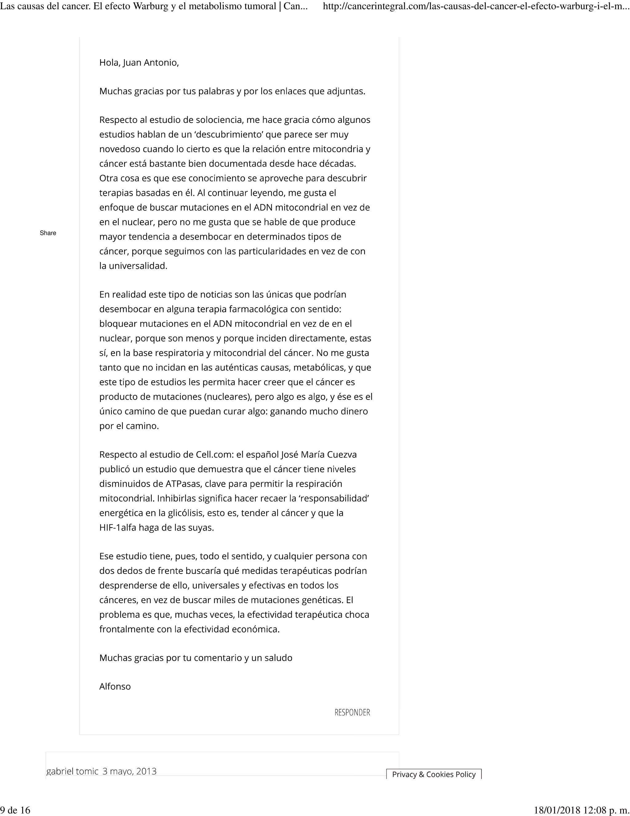 Las causas del cancer. el efecto warburg y el metabolismo tumoral